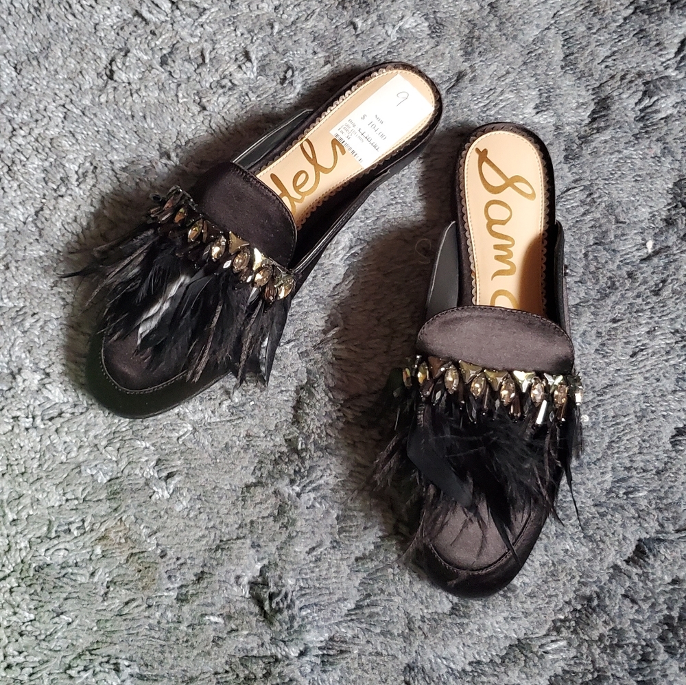 NWB Sam Edelman Black Satin Embellished Mules sz 9